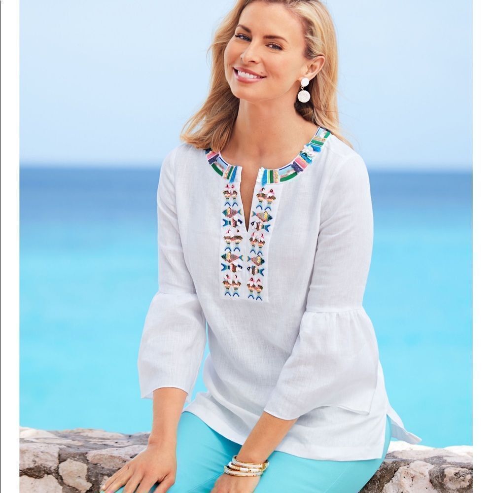 New Talbots Fish Embellished Linen Tunic White 2X #135